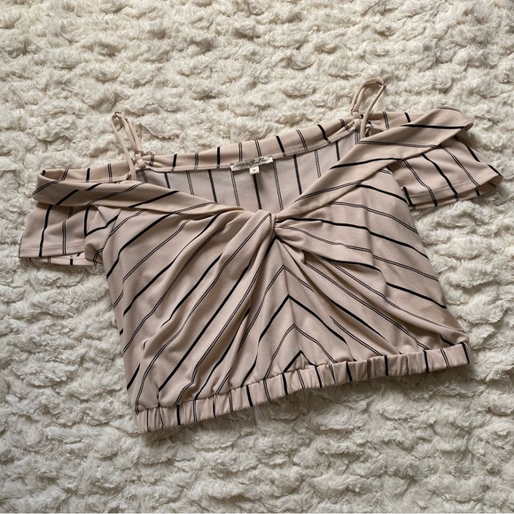 Express One Eleven Cold Shoulder Cream Striped Cropped Blouse - Picture 2 of 7